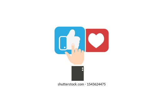 Thumb up and heart with hand Vector illustration. Finger presses thumb up. Assessment for web sites