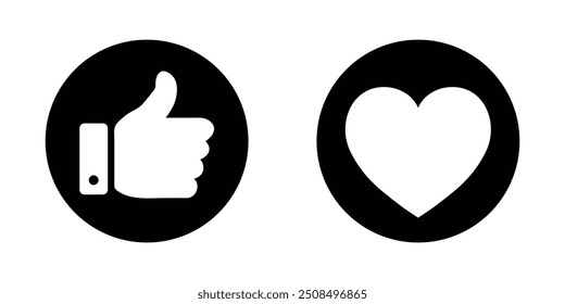 Thumb up and heart icon in black color. Like and love icon button. Vector illustration.