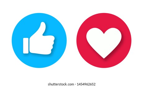 Thumb up and heart icon with falling shadows isolated on white background. Vector like and love icon. Ready like and love button for website and mobile app.