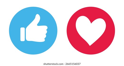 Thumb up and heart icon with falling shadows isolated on white background. Vector like and love icon. Ready like and love button for website and mobile app.