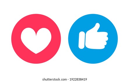 Thumb up and heart icon in flat style. Like and love buttons for website or mobile app. Social media icons