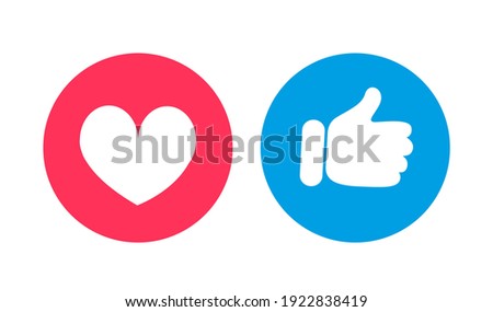 Thumb up and heart icon in flat style. Like and love buttons for website or mobile app. Social media icons