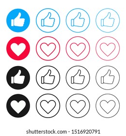 Thumb up and heart icon isolated on white background. Vector like and love button for website, mobile app and ui. Colored line icons.