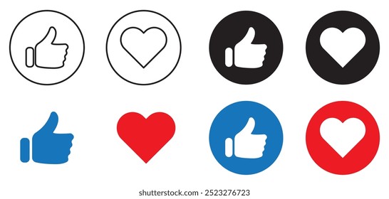 Thumb up and heart icon set. Vector like and love icons. Ready like and love button for website and mobile app.