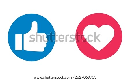 Thumb up and heart icon. Vector like and love icon. Ready like and love button for website and mobile app.