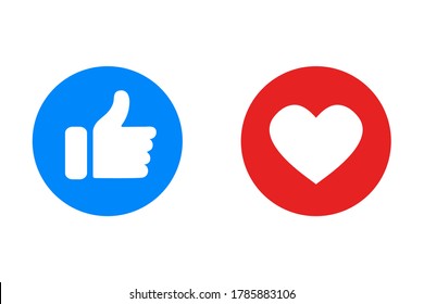 Thumb up and heart icons. Like and love icons in flat style. Social media elements.