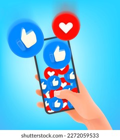 Thumb up and heart social media reaction 3d buttons falling to the smartphone
