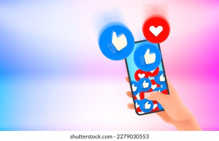 Thumb up and heart social media reaction 3d buttons falling to the smartphone. 3d vector banner with copy space