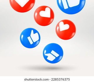 Thumb up and hearts reactions concept. 3d vector illustration