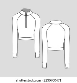 Thumb Hole t shirt Zipper High Neck raglan Sleeve Crop top Half Open Zip detail Long Sleeve  fashion flat sketch technical template technical drawing vector