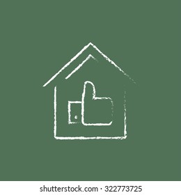 Thumb up in house hand drawn in chalk on a blackboard vector white icon isolated on a green background.