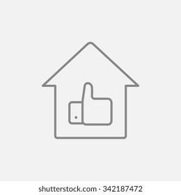 Thumb up in house line icon for web, mobile and infographics. Vector dark grey icon isolated on light grey background.