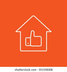 Thumb up in house line icon for web, mobile and infographics. Vector white icon isolated on red background.