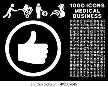 Thumb Up icon with 1000 medical business white vector design elements. Collection style is flat symbols, black background.