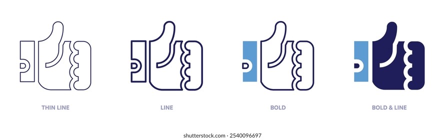 Icono de pulgar hacia arriba en 4 estilos diferentes. Línea delgada, línea, negrita y línea negrita. Estilo duotono. Trazo editable.