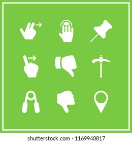 thumb icon. 9 thumb vector set. handgrip, push pin, tap button and pick icons for web and design about thumb theme