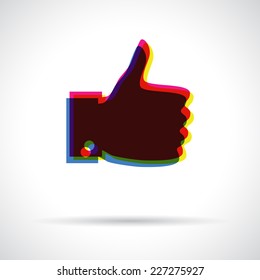 Thumb up icon. Anaglyph 3D symbol with shadow. Approval concept.