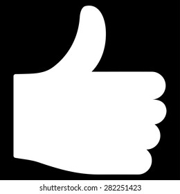 Thumb up icon from Basic Plain Icon Set. Style: flat vector image, white color, rounded angles, black background.