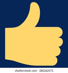 Thumb up icon from Basic Plain Icon Set. Style: flat vector image, yellow color, rounded angles, blue background.