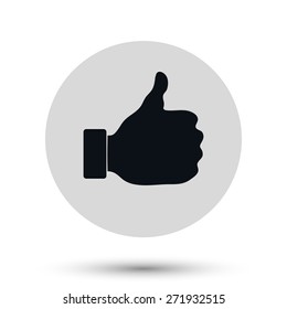 Thumb up icon, black vector symbol with shadow