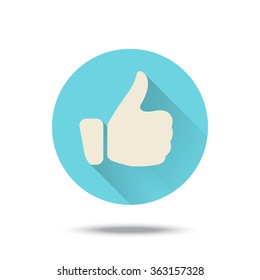 Thumb up icon button with long shadow. Vector illustration. Blue color.