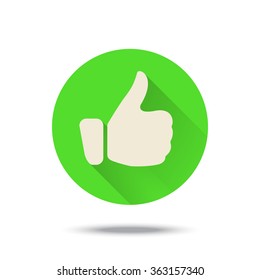 Thumb up icon button with long shadow. Vector illustration. Green color.