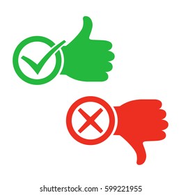 Thumb up icon with check mark. Thumb down with cross mark. Vector illustration. I like and dislike signs in flat design.