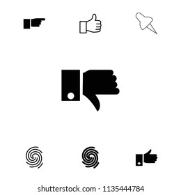 Thumb icon. collection of 7 thumb filled and outline icons such as finger print, thumbs up, pointing, like, dislike. editable thumb icons for web and mobile.
