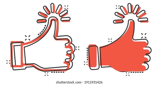 Thumb up icon in comic style. Like gesture cartoon vector illustration on white isolated background. Approval mark splash effect business concept.