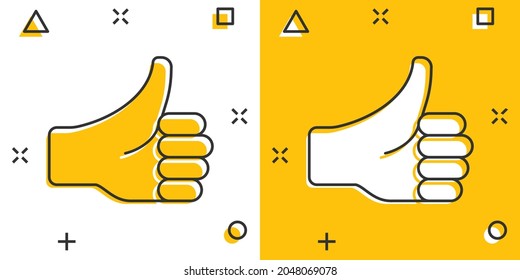 Thumb up icon in comic style. Like gesture cartoon vector illustration on white isolated background. Approval mark splash effect business concept.