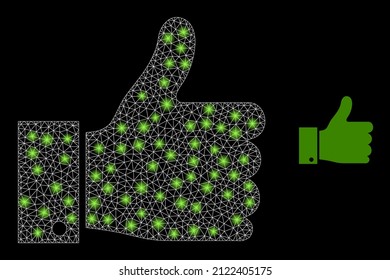 Sube el icono y la malla de la estructura del pulgar de la malla de la constelación con manchas luminosas brillantes. Constelación iluminada creada a partir de un icono del vector del dedo pulgar hacia arriba y malla triangulada. El dedo pulgar de la canal de constelación hacia arriba,