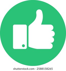 Thumb up icon featuring a white hand against a vibrant green circle background, representing approval, agreement, positive feedback, and recommendations in various contexts