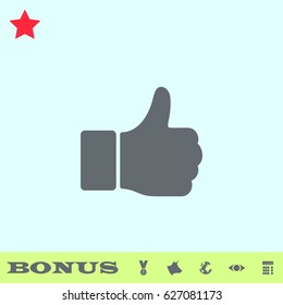 Thumb Up icon flat. Grey pictogram on blue background. Vector illustration symbol and bonus buttons medal, cow, earth, eye, calculator