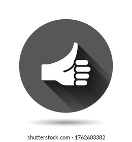 Thumb up icon in flat style. Like gesture vector illustration on black round background with long shadow effect. Approval mark circle button business concept.