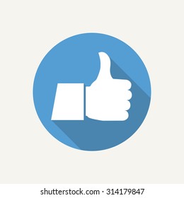 Thumb up icon in flat style with long shadow. Vector illustration.