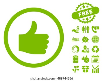 Thumb Up icon with free bonus icon set. Vector illustration style is flat iconic symbols, eco green color, white background.