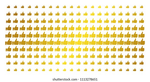 Thumb up icon gold colored halftone pattern. Vector thumb up shapes are organized into halftone grid with inclined gold gradient. Constructed for backgrounds, covers, templates and luxury effects.