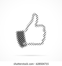 Thumb up icon in halftone. Dotted illustration isolated on a white background.
Vector illustration.
