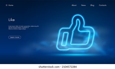 Thumb up icon, hand big finger, like or ok symbol for social networks, futuristic technology with blue neon glow in the smoke, vector business background