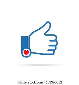 
Thumb icon up with heart. Flat style