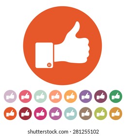 The thumb up icon. Like symbol. Flat Vector illustration. Button Set