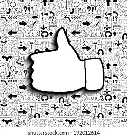 Thumb up icon on arrow filled background. Hand drawn vector illustration.
