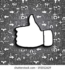Thumb up icon on arrow filled background. Hand drawn vector illustration.