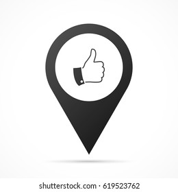 Thumb up icon on map pin. Location pointer isolated on a white background.
Conceptual vector illustration.