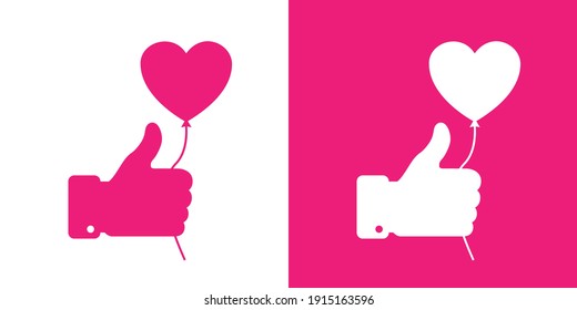 Thumb up icon with pink heart balloon. Pink color.  Love vector illustration. Like set. Valentine's day card concept. Valentines day icon
