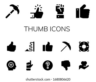 thumb icon set. 14 filled thumb icons.  Simple modern icons such as: Pick, Like, Hand, Thumbs up, Positive, Mouse, Help, Dislike