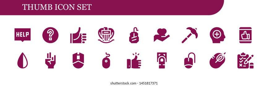 thumb icon set. 18 filled thumb icons.  Collection Of - Help, Thumbs up, Nice, Mouse, Hand, Pick, Positive, Like, Negative, Fingerprint scan, Test