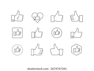 Symbol-Set mit Daumen nach oben. Stimme zu, Zufriedenheit, wie, Hand, Erfolg, Leistung, ausgezeichnet, Liebe, Finger, Auswahl Symbol Linie Art Vektorvorlage