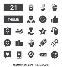 thumb icon set. Collection of 21 filled thumb icons included Liar, Likes, Periscope, Like, Hand grip, Finger, Hand, Computer mouse, Hands, Push pin, Positive