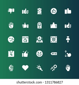 thumb icon set. Collection of 25 filled thumb icons included Hand, Hand grip, Cursor, Like, Touch screen, Likes, Emoticon, Thumbs up, Push pin, Pushpin, Fingerprint scan, Positive